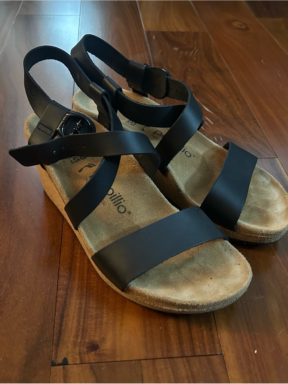 Papillio Black Leather Crisscross Sandals with Ankle Buckle
